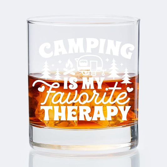 Camping Lovers Gifts Old Fashioned Whiskey Glasses, Rv Camper Gifts, Camping is My Favorite Therapy 10 oz Rocks Barware Cup for Cocktail Drinks Scotch Bourbon Liquor