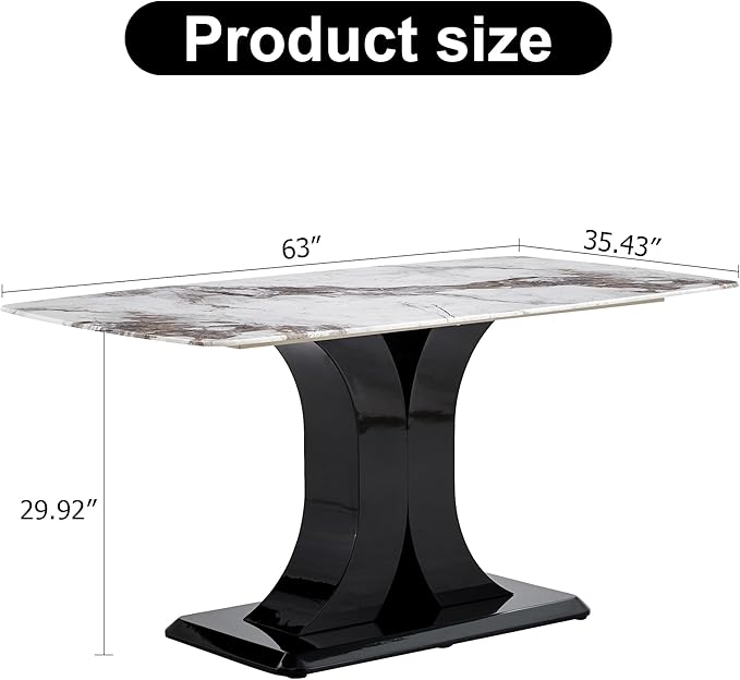 Modern Dining Table Set for 6, Marble Kitchen Table Chair Set for 6, Rectangular Kitchen Table with 6 Pu Leather Upholstered Chair for Dining Room