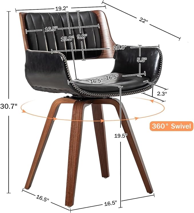 LUNLING Swivel Accent Faux Leather Dining Chairs, Mid Century Modern Chairs with Wooden Legs/Armrest/Upholstered Seat/Adjustable Foots for Kitchen Dining Room Desk Chairs,Black,1PCS
