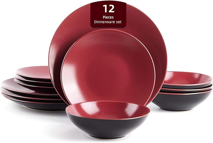 Colors Life 12pc Dinnerware Set, Shiny Black and Matte Berry