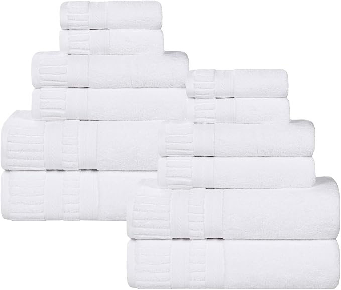 Superior Venice Zero Twist Cotton Medium Weight Towels, for Guest Bath, Bathroom, Shower, Spa, Plush Towels, Bath Essentials, Ribbed Textured Border, 12 Piece Assorted Towel Set, White