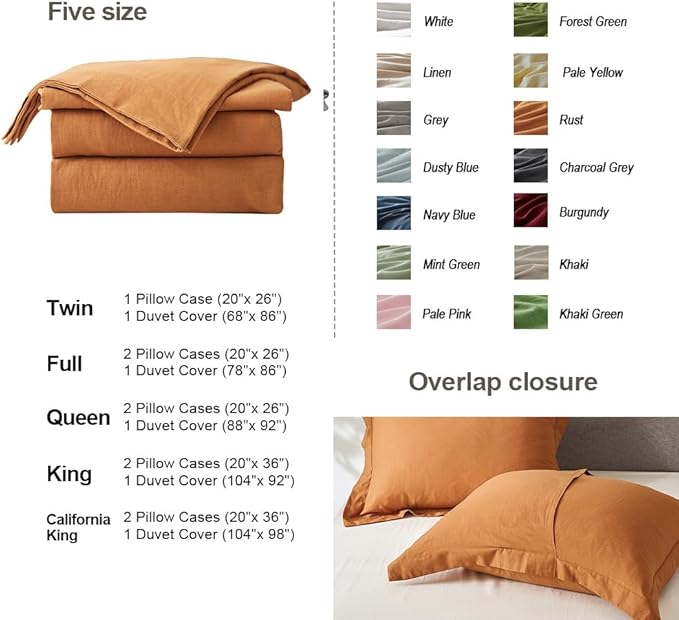 Simple&Opulence French Linen Duvet Cover Set 78" x 86"- 3 Pieces (1 Comforter Cover,2 Pillowcases)- Natural Flax Cotton Blend-Solid Color Breathable Farmhouse Bedding-Rust, Full