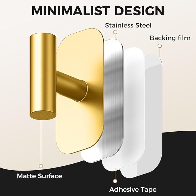 Adhesive Towel Hooks for Shower,Waterproof Heavy Duty Bathroom Hooks,Wall Mounted Sticky Hangers for Coats/Aprons/Robes,No Drilling(Gold,2 Pack)