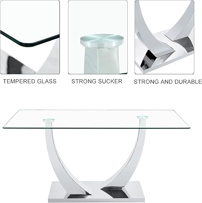 Modern Dining Table Set for 4, Glass Dining Table with 4 PU Leather Chairs, 63'' U-Shaped Legs and Rectangular Base