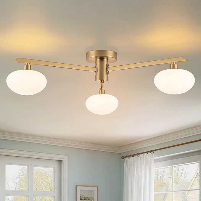 Semi Flush Mount Ceiling Light Fixture, Mid Century Modern 3-Light 22.5" Lighting Fixtures Ceiling, Matte Gold Ceiling Lights for Bedroom, Entryway, Hallway, Bathroom, Kitchen, Dining Room