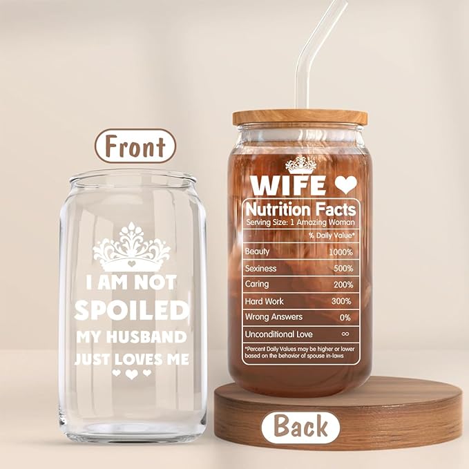 16oz Glass Cup with Lid and Straw - Perfect Wife Gifts for Anniversaries, Birthdays, or Christmas