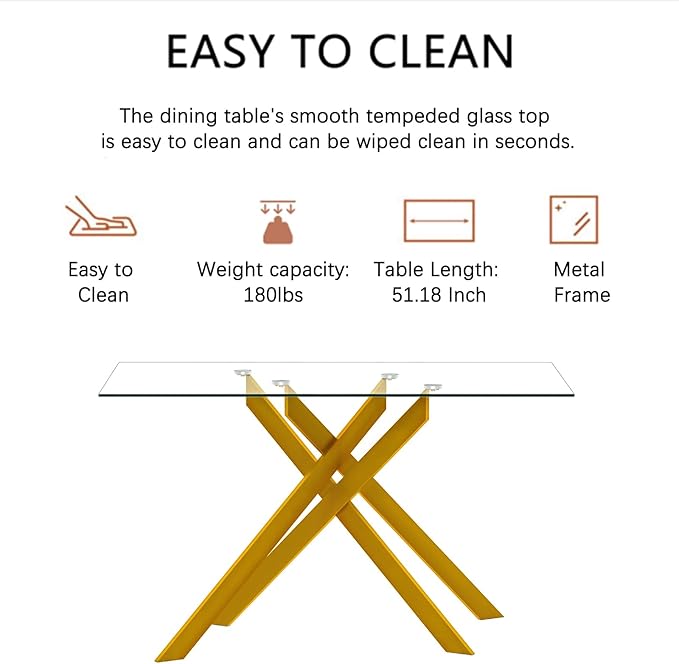 51" Rectangular Glass Dining Table Modern Kitchen Glass Top Table for 4 with Gold Metal Legs, Clear Dining Table Kitchen Table for Home Office Dining Room