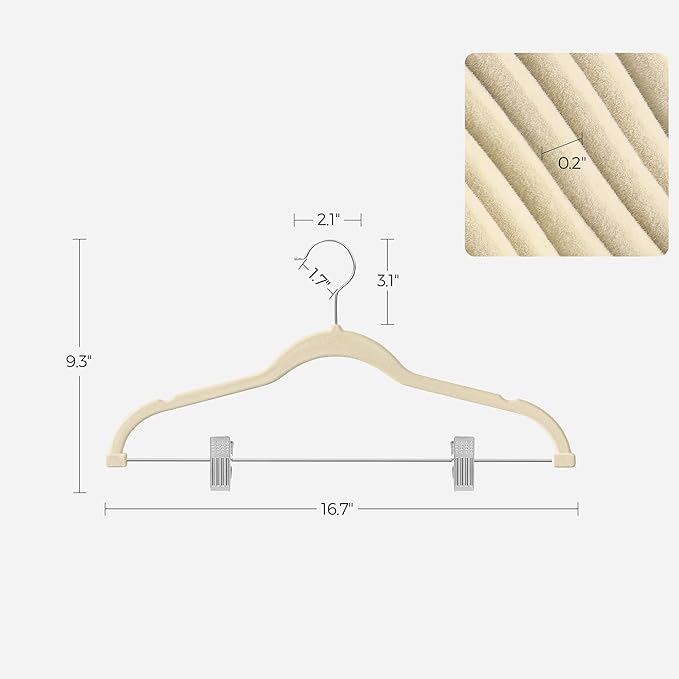 SONGMICS 30-Pack Pants Hangers, 16.7-Inch Long Velvet Hangers with Adjustable Clips, Heavy-Duty, Non-Slip Skirt Hangers, Space-Saving for Pants, Skirts, Coats, Dresses, Sandy Beige UCRF012M30