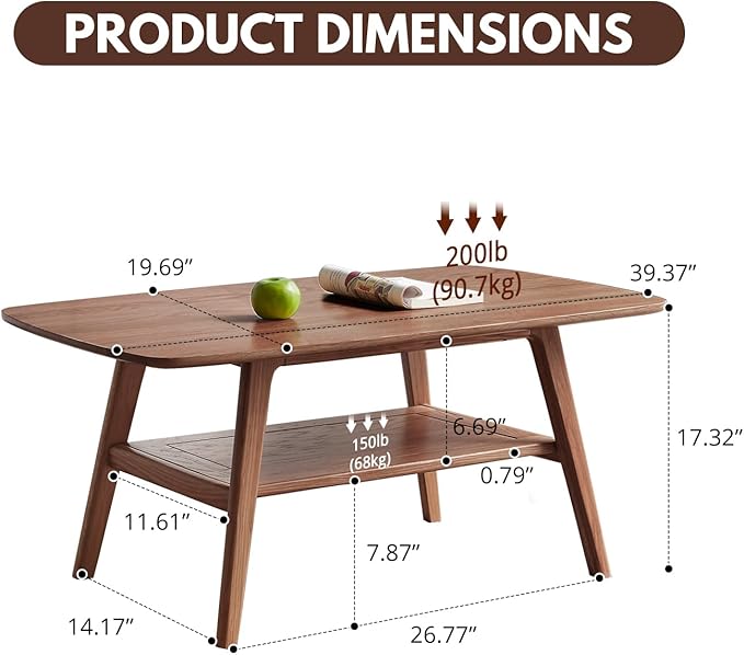 Solid Oak Wood Coffee Table - 2-Tier Modern Center Table, Living Room Tables with Double Storage for Living Rooms, Bedrooms, and Offices (Walnut, 39.37" D x 19.69" W x 17.32" H)