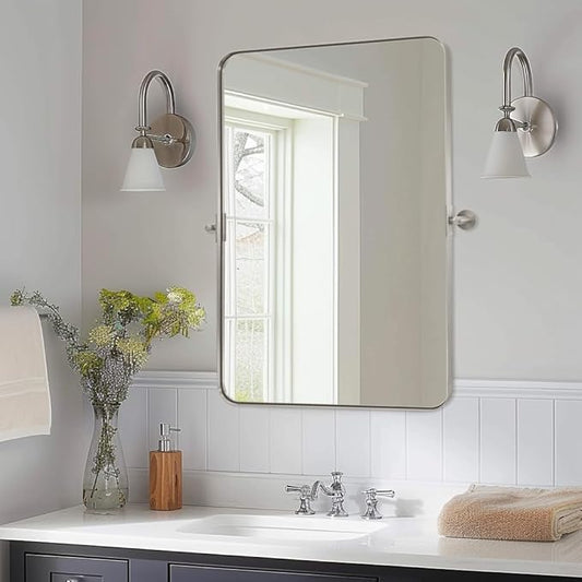 ANDY STAR 20"x30" Brushed Nickel Pivot Mirror for Bathroom, Silver Metal Frame Bathroom Mirrors for Wall，Rectangle Titling Vanity Wall Mirror with Rounded Corner Design Hangs Vertically Only