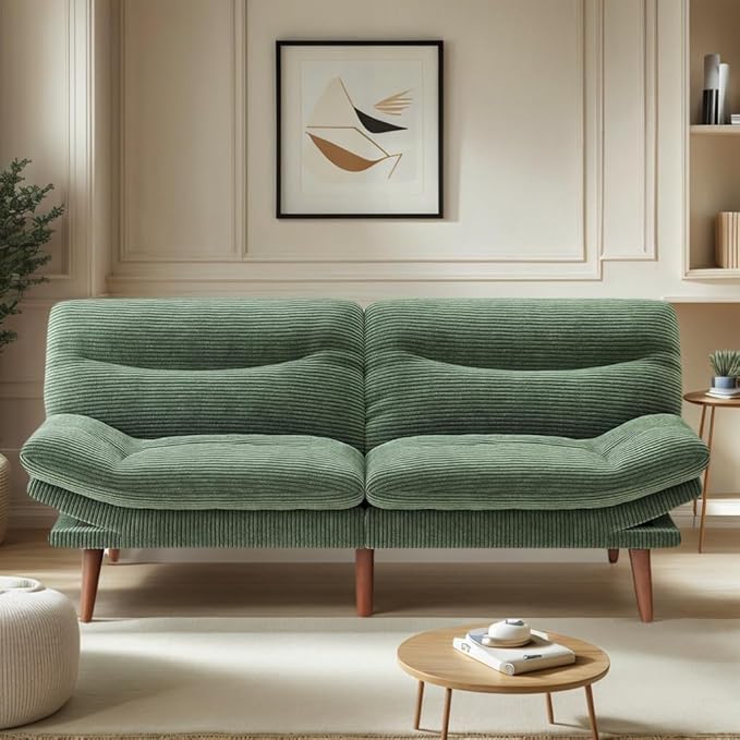 AMADA 66"Convertible Futon Sofa Bed, Corduroy Folding Futon Set with Adjustable Backrest &Armrests, Recliner Lounge for Living Room, Apartment or Office, Solid Wood Frame, Loveseat Sofa -Forest Green