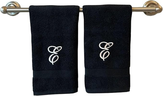 Black Monogrammed Hand Towels for Bathroom - Luxury Hotel Quality Personalized Initial Embroidered Towel for Powder Room, Spa - GOTS Organic Certified - Set of 2 White Letter E