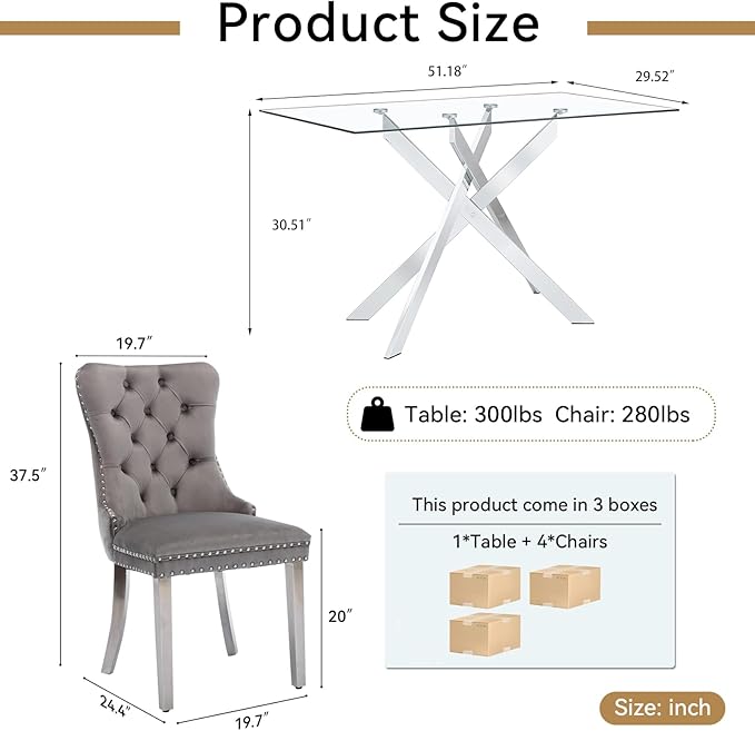 Goujxcy 5 Piece Glass Dining Table Set Modern Glass Dining Table Set for 4, 51" Rectangular Kitchen Table and 4 Velvet Upholstered Chairs for Kitchen Dining Room, Silver Table & Grey Chair
