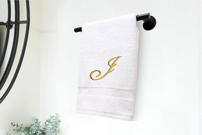 White Monogrammed Hand Towels for Bathroom - Luxury Hotel Quality Personalized Initial Embroidered Towel for Powder Room, Spa - GOTS Organic Certified - Set of 2 Gold Letter J