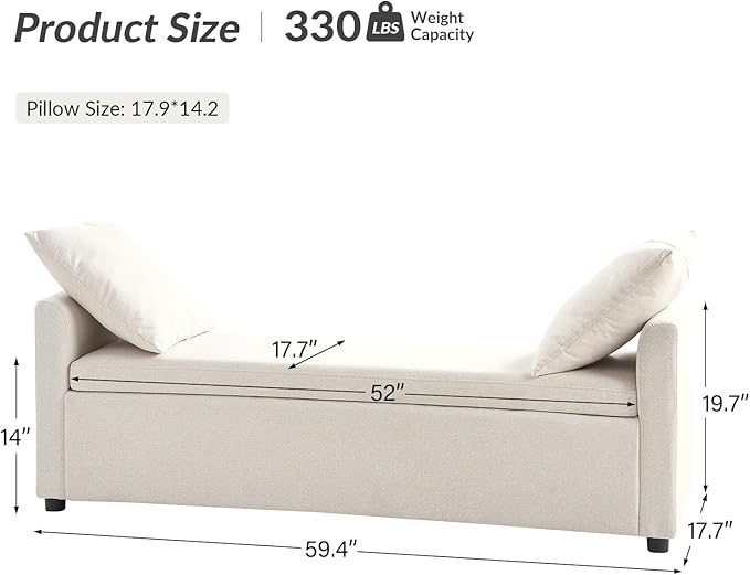 HULALA HOME Modern Storage Bench with Throw Pillows, 59.4" Extra Long Bedroom Ottoman Bench for End of Bed, Comfy Upholstered Footstool for Entryway Living Room Dining Room, Linen