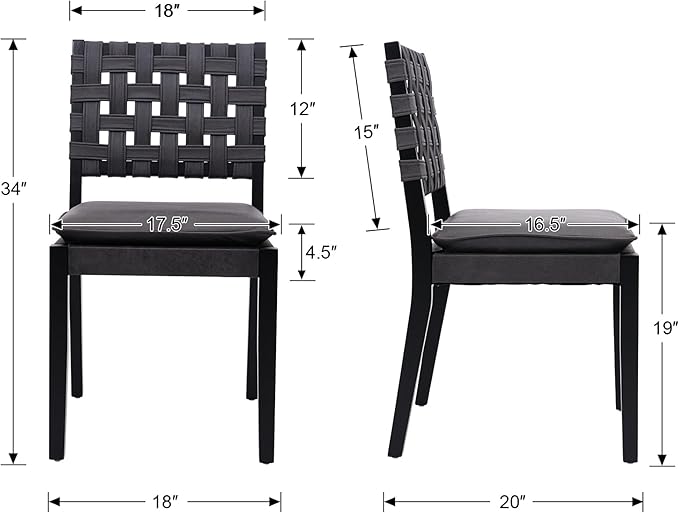 Woven Faux Leather Dining Chairs Set of 6, Farmhouse Upholstered Kitchen Chairs with Wooden Legs Armless Accent Side Chairs for Dining Room/Restaurant, Black