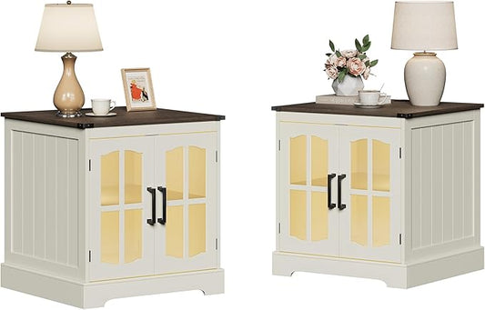 ChooChoo Farmhouse End Tables Set of 2, 24" Large Sofa Side Table with LED, Rustic Square Nightstand Set 2 with Glass Barn Door, Bedside Table with Storage for Living Room Beige（Cream and Brown