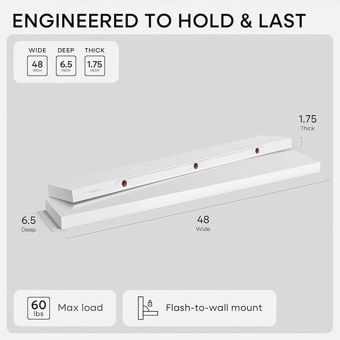 Homeforia White Floating Shelf 48 inches, High End Solid Real Wood 48inch Long Floating Shelves for Wall Mounted, White Wooden 48in Floating Shelves, Heavy Duty Bracket, 48 X 6.5 X 1.75 inch, Set of 3