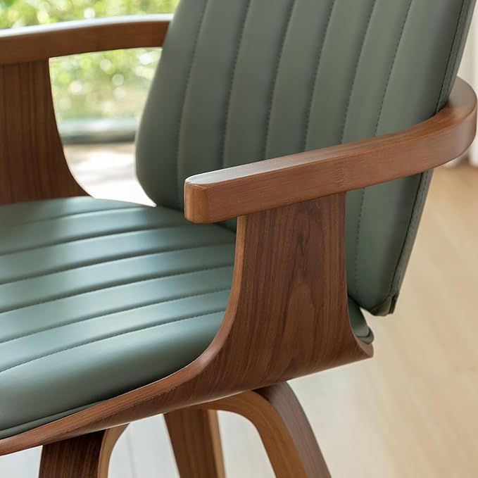 MCM Dining Chairs, Set of 4 Mid Century Modern Chairs with Walnut Craftsmanship, Upholstered Faux Leather, Wooden Arms and Legs, Faux Leather Dining Chairs for Kitchen/Living Room - Green