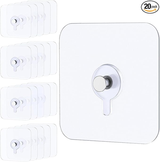 Uniclife 20 Pcs Self Adhesive Picture Hooks 40 lbs Load 2.64” Heavy Duty Picture Hangers Without Nails Adhesive Wall Hooks for Hanging Transparent Waterproof Frame Hangers Sticky Hook for Bathroom