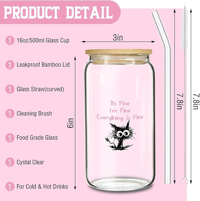 Pink Glass Tumbler Set with Straw, Cleaning Brush in Gift Box - Ideal Aesthetic Coffee Bar, Funny Cat Glass Cup Gifts-It's Fine I'm Fine - Present for Women Friends-16 Oz