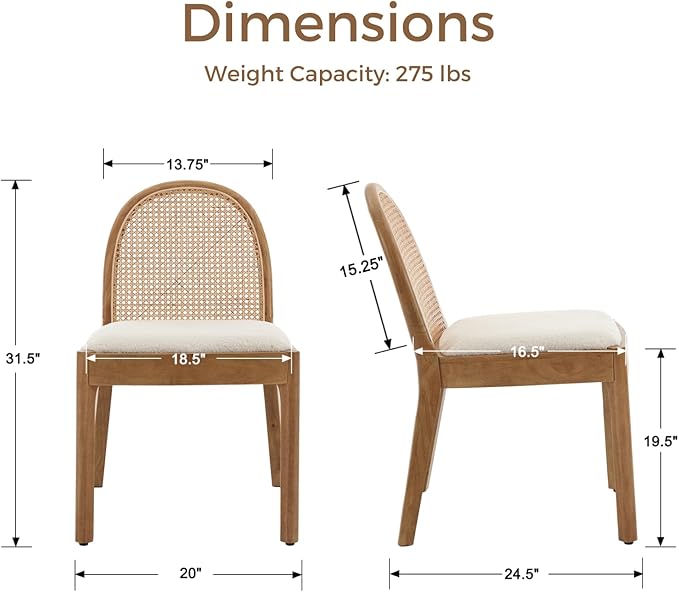 HEAH-YO Rattan Dining Chairs Set of 4, Upholstered Sherpa Dining Room Chairs with Backrests, Modern Kitchen Chairs with Wood Legs for Dining Room, White