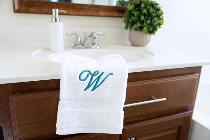 White Monogrammed Hand Towels for Bathroom - Luxury Hotel Quality Personalized Initial Embroidered Towel for Powder Room, Spa - GOTS Organic Certified - Set of 2 Teal Letter W