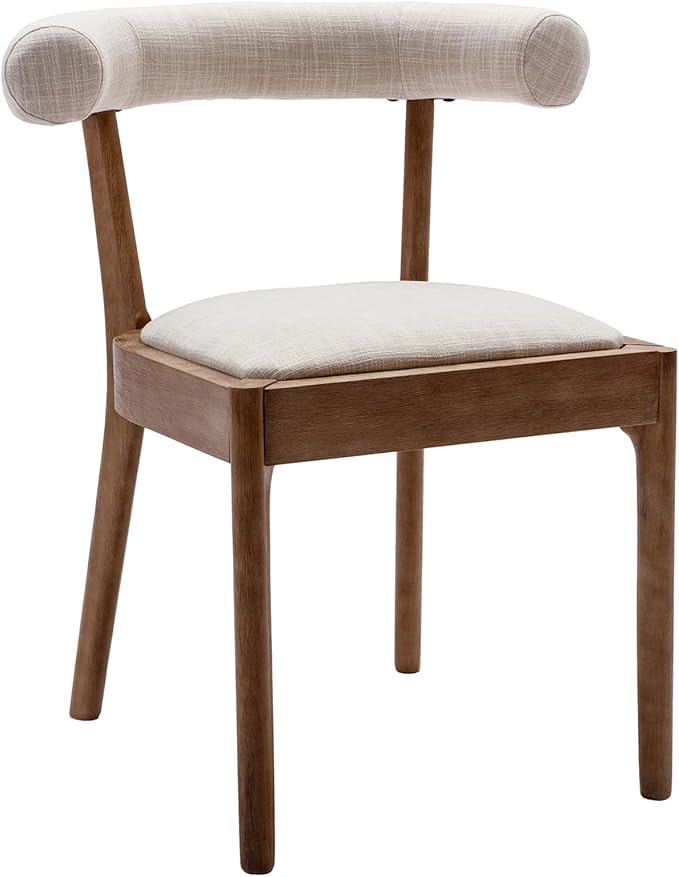 Kmax Dining Room Chairs Mid-Century Modern Fabric Kitchen Chairs with Natural Walnut Finished Frame, Linen Curved Back, Set of 4, Beige