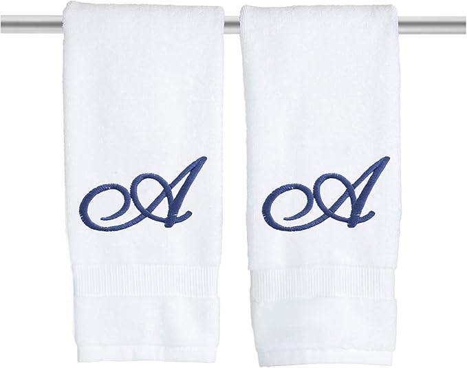 White Monogrammed Hand Towels for Bathroom - Luxury Hotel Quality Personalized Initial Embroidered Towel for Powder Room, Spa - GOTS Organic Certified - Pack of 2 Navy, Letter A