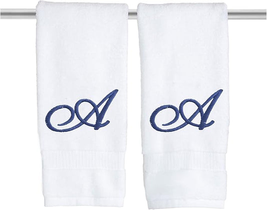 White Monogrammed Hand Towels for Bathroom - Luxury Hotel Quality Personalized Initial Embroidered Towel for Powder Room, Spa - GOTS Organic Certified - Pack of 2 Navy, Letter A