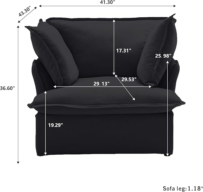 WJShome Modern Down Filled Sigle Middle Seat, Cloud Modular Sectional Sofa, Minimalist Wide Deep Seat Couches for Living Room Apartment Lounge Bedroom (Black)