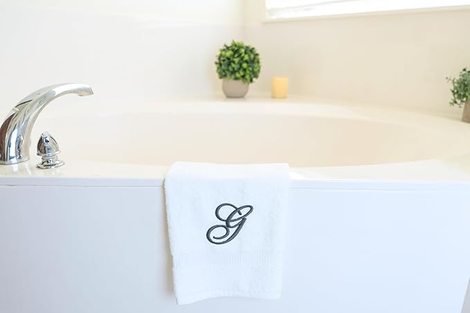 White Monogrammed Hand Towels for Bathroom - Luxury Hotel Quality Personalized Initial Embroidered Towel for Powder Room, Spa - GOTS Organic Certified - Pack of 2 Dark Gray, Letter G