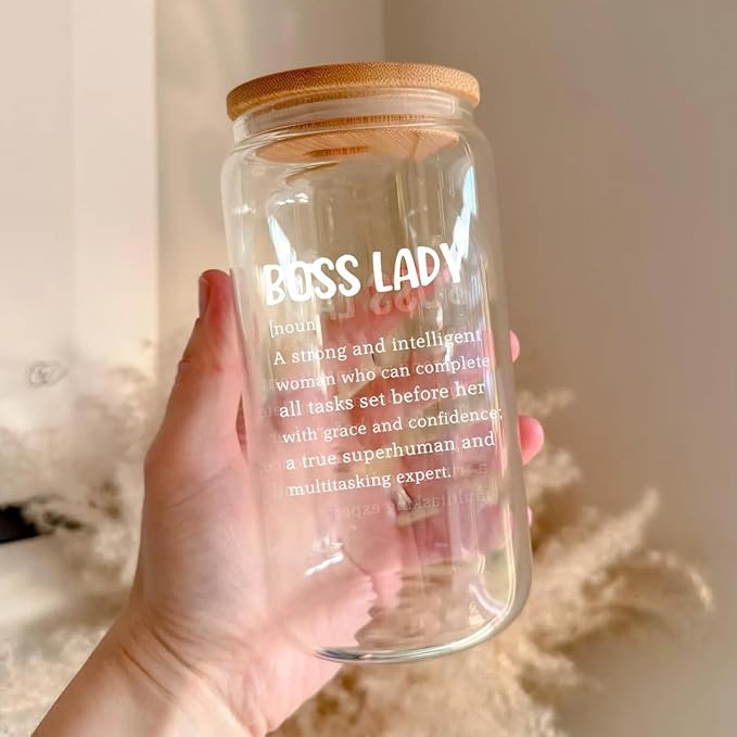 Boss Lady Glass Cup - 16oz with Lid and Straw, Thank You Boss Gift, Coworker Farewell Present