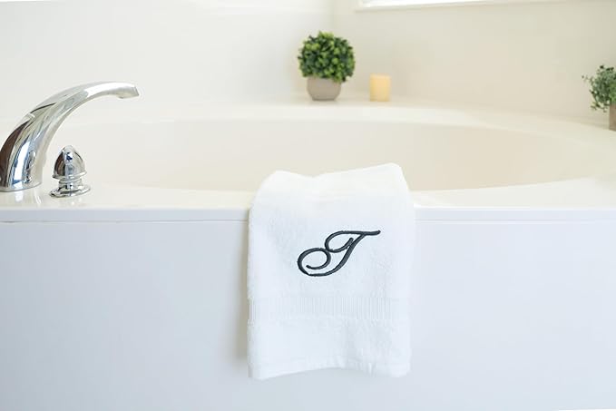White Monogrammed Hand Towels for Bathroom - Luxury Hotel Quality Personalized Initial Embroidered Towel for Powder Room, Spa - GOTS Organic Certified - Set of 2 Dark Gray Letter T