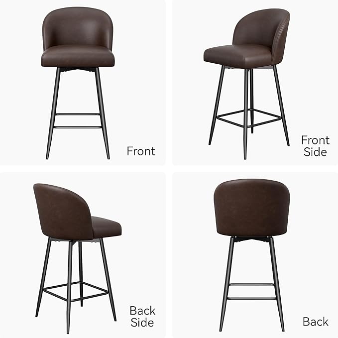 Counter Height Bar Stools Set of 2,360° Swivel Barstools with High Back and Metal Legs,26" Seat Height, Upholstered PU Leather Bar Chairs for Kitchen Island, Dining Room,Cafes,Black Brown