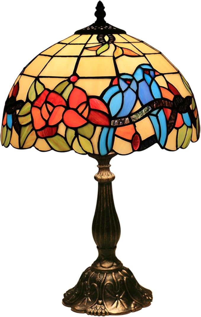 Tiffany Style Table Lamp Hummingbirds Flower Stained Glass Bedside Nightstand Table Lamp for Bedroom,Living Room,Home Office Farmhouse Desk Lamps 12X12X19Inch