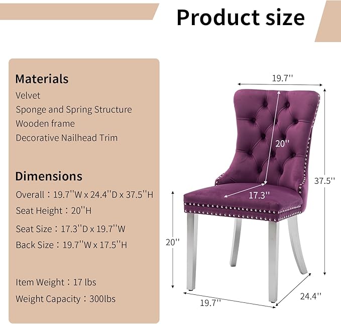 Luxury Upholstered Dining Chairs Set of 4, Purple Kitchen Chair with Silver Metal Legs, Velvet Tufted Back Dining Chair, Sillas de Comedor, Modern Kitchen & Dining Room Chairs (Purple, 4 Pcs)