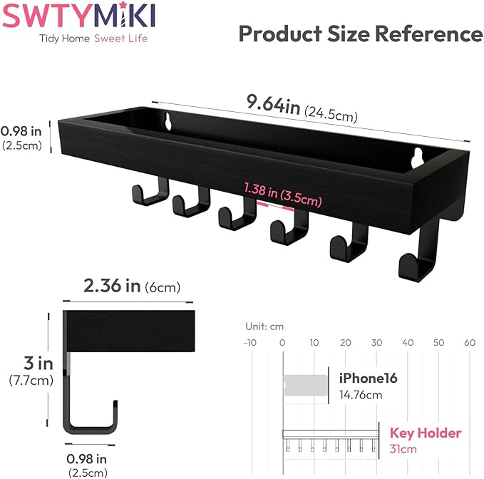 SWTYMIKI Key Holder Wall Mount - Wooden Key Hooks for Wall with Mail Organizer & 6 Hooks, 2 Installation Ways Key Hanger, Key Rack with Shelf for Entryway Living Room Bedroom Office Home Decor Black