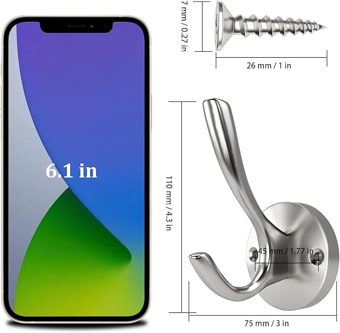 ZUONAI Towel Hooks for Bathrooms Silver Wall Hooks 2 Pack Brushed Nickel Coat Hooks Heavy Duty Towel Wall Hooks for Coats Robes Hats Bath Entryway Cubicle Kitchen Screw in Brushed Nickel Towel Hooks