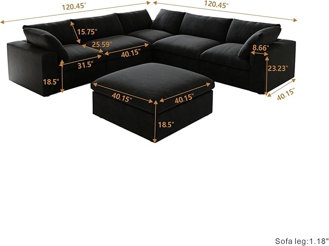 JACH V Shape Couch Sectional for Living Room, Modular Convertible Sofa, Couch Cushion Covers Removable, Cloud Sofas with Chaise Ottoman for Living Room, Bedroom, Apartment (Black)