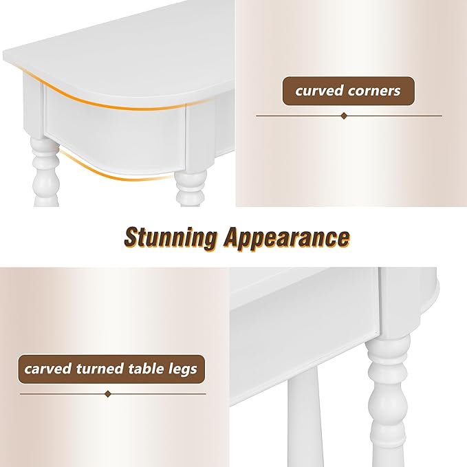 HMFULE Retro Curved Console Table, 36" Solid Wood Half Moon Console Table Sofa Table Entryway Table with 1 Drawer 1 Open Shelf Roman Legs Curved Corners for Living Room,Entryway,Hallway,White