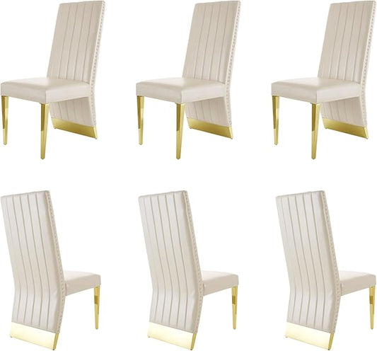 Dining Chairs, White Faux Leather Upholstered Dining Chair with Nailhead Trims, Gold Dining Room Chairs Set of 6