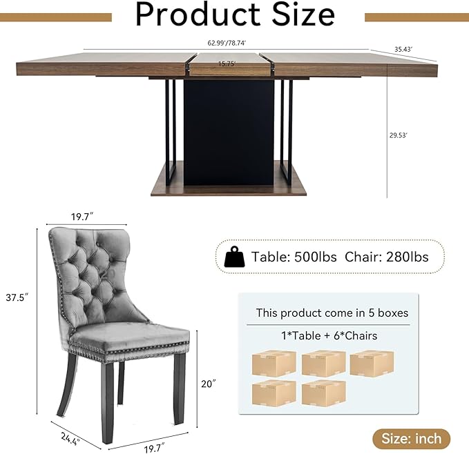 Goujxcy 78.7" Farmhouse Extendable Dining Room Table Set for 6, 7-Piece Rectangle Kitchen Dining Room Table Set with Wood Base and 6 Orange Velvet Dining Chairs, Extending Kitchen & Dining Table Set