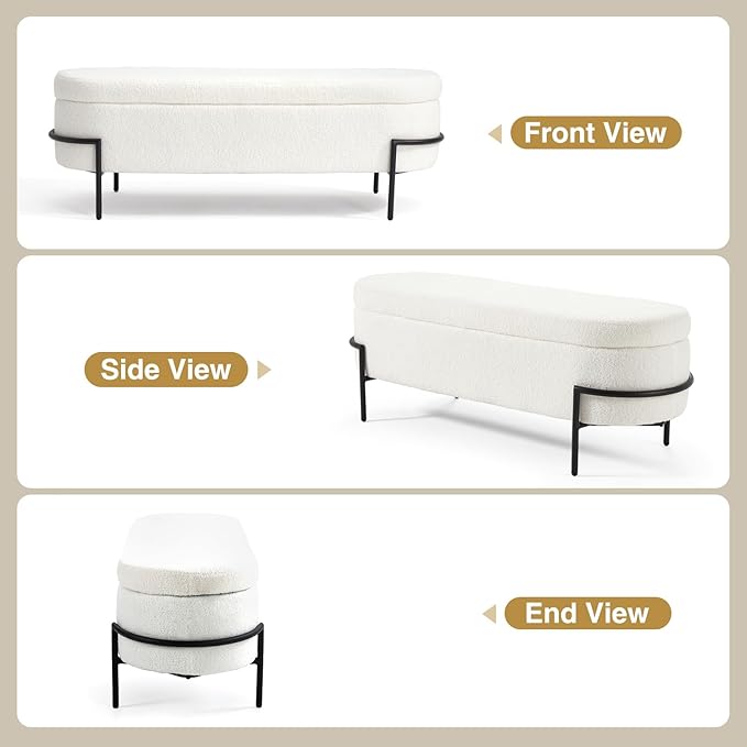 Sherpa Storage Ottoman Bench for Bedroom, White End of Bed Bench with Storage, Upholstered Boucle Storage Bench with Metal Stand and Hinges, Oval Ottoman for Living Room, 45 Inch