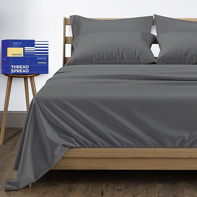 THREAD SPREAD 100% Egyptian Cotton Sheets California King Size - High Thread Count, Luxury 5-Star Hotel Cal King Sheets (6 PC, Dark Grey), Soft, Cooling, Sateen Weave, 16" Deep Pocket Bed Sheet Set