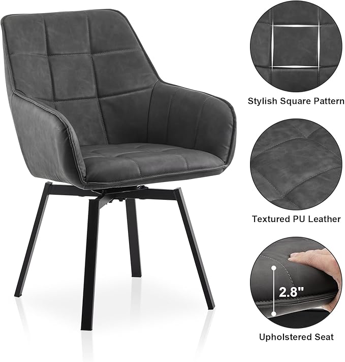 TUKAILAi Swivel Dining Chairs Set of 2, Faux Leather Upholstered Mid Century Accent Chairs with Metal Legs, Rotatable Kitchen Chair for Home Office Kitchen Restaurant (Grey)