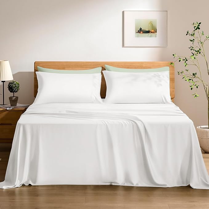 TOSMO Luxury Cooling Sheet Set - 100% Viscose from Bamboo, 4-Piece Bedding Set (Queen Size) - 18” Extra Deep Pockets, Oeko-Tex Certified, Silky Soft and Breathable, Classic White