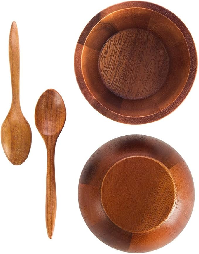 Set of 4 Small Round Acacia Wooden Bowls 4 Inch Diameter With Spoons - Stackable Mixing Bowl for Salad Soup Snack Salsa Dip Sauce Charcuterie Wood Tableware Sets for Decor and Serving