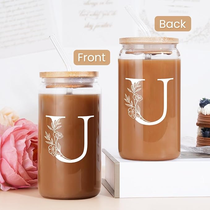 SANDJEST Monogrammed Gifts for Women - Monogram U Initial Glass Cup 16 Oz Can Coffee Cups with Lid and Straw - Monogram Initials Gifts for Womens on Birthday
