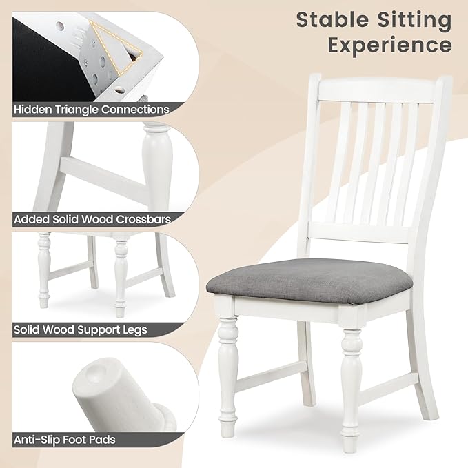 Giantex Wood Dining Chairs Set of 4, Farmhouse Kitchen Chairs with Solid Wood Frame, Max Load 355 Lbs, Armless Upholstered Dining Side Chairs with Cushion Seat, Slat Back Dining Room Chair, White